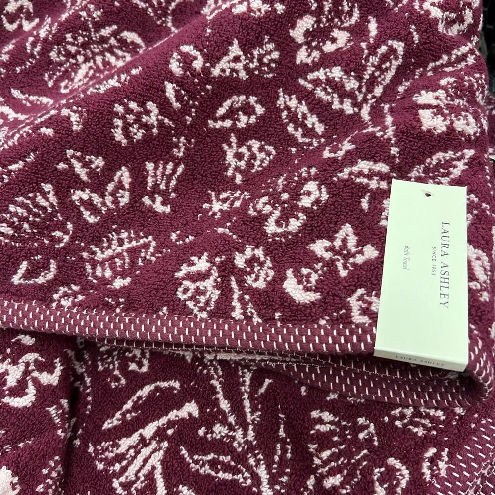 Laura Ashley Elaina Pink Floral Bath Towels Set of 2 Cotton New